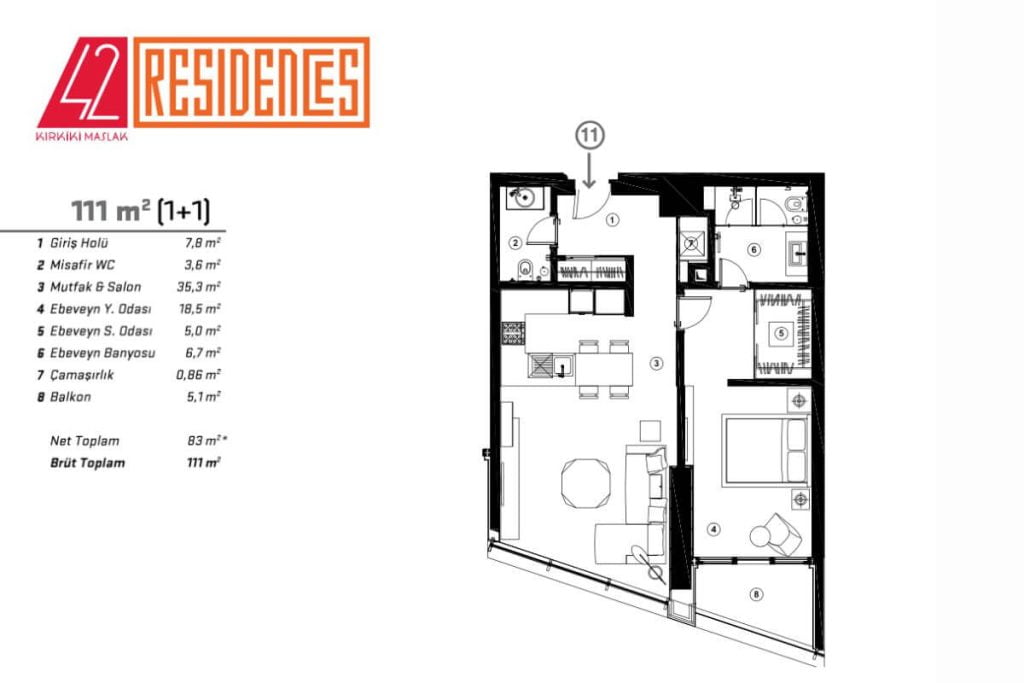 42 Maslak Residences Floor Plan 1+1