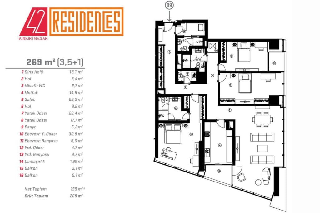 42 Maslak Residences Floor Plan 3+1