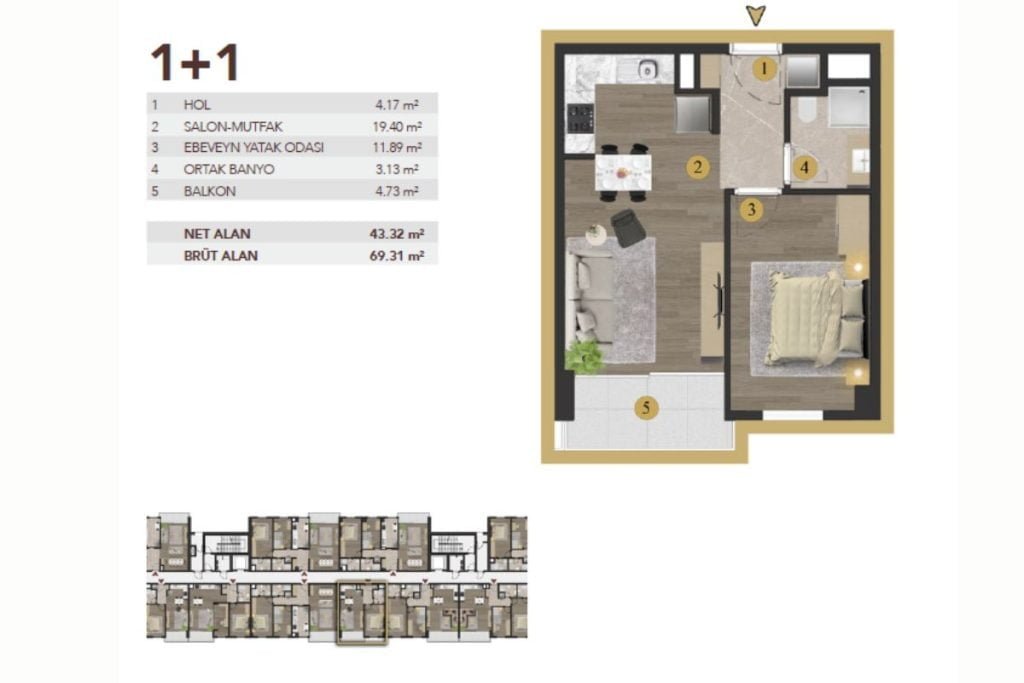 Bab Istanbul 1+1B Floor Plan