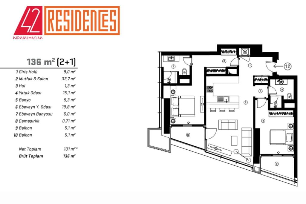 42 Maslak Residences Floor Plan 2+1A