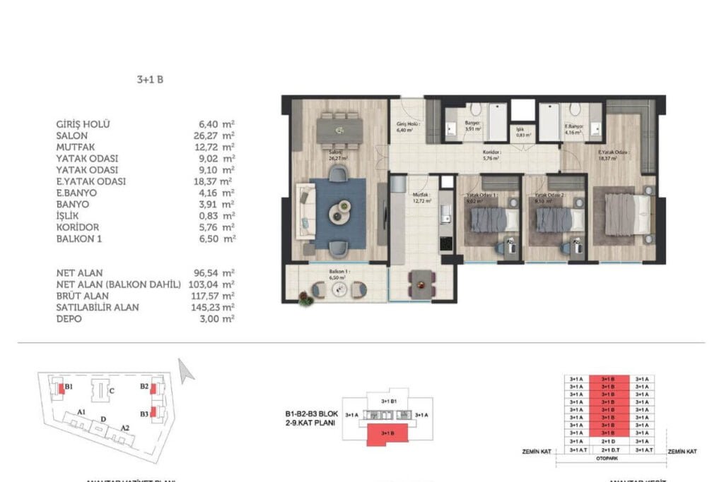 Basaksehir Avrasya Konutlari Floor Plan 3+1