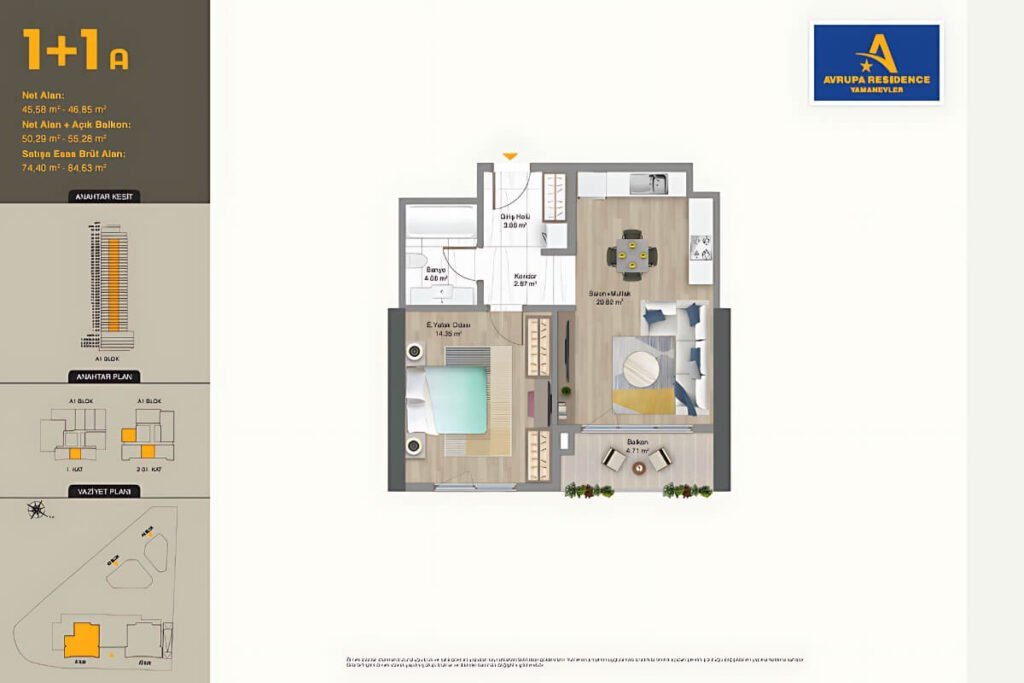 Avrupa Konutlari Yamanevler 1+1 Floor Plan