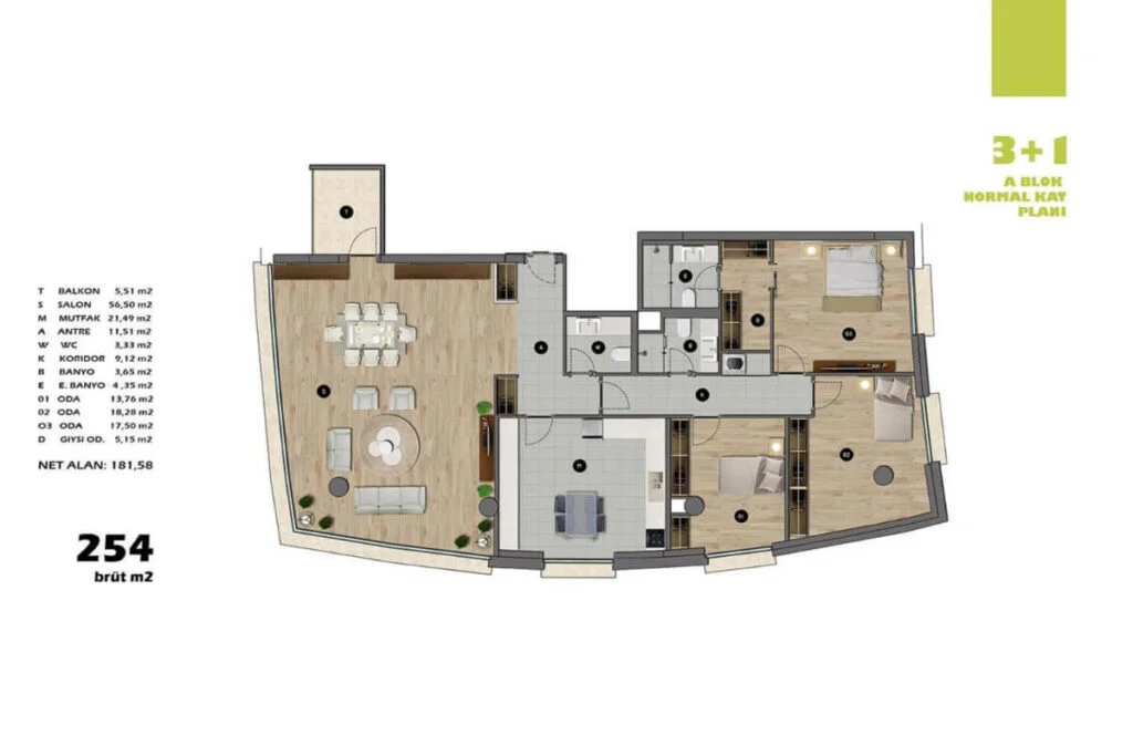 Kosuyolu Koru Evleri 3+1 Floor Plan