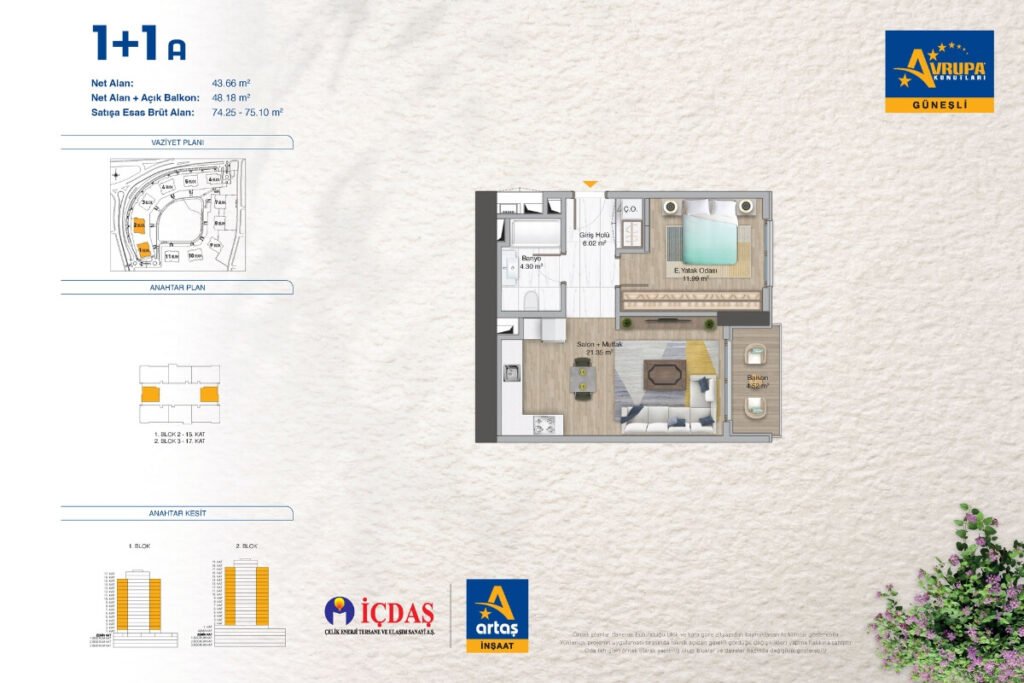 Avrupa Konutlari Gunesli Floor Plan 1+1