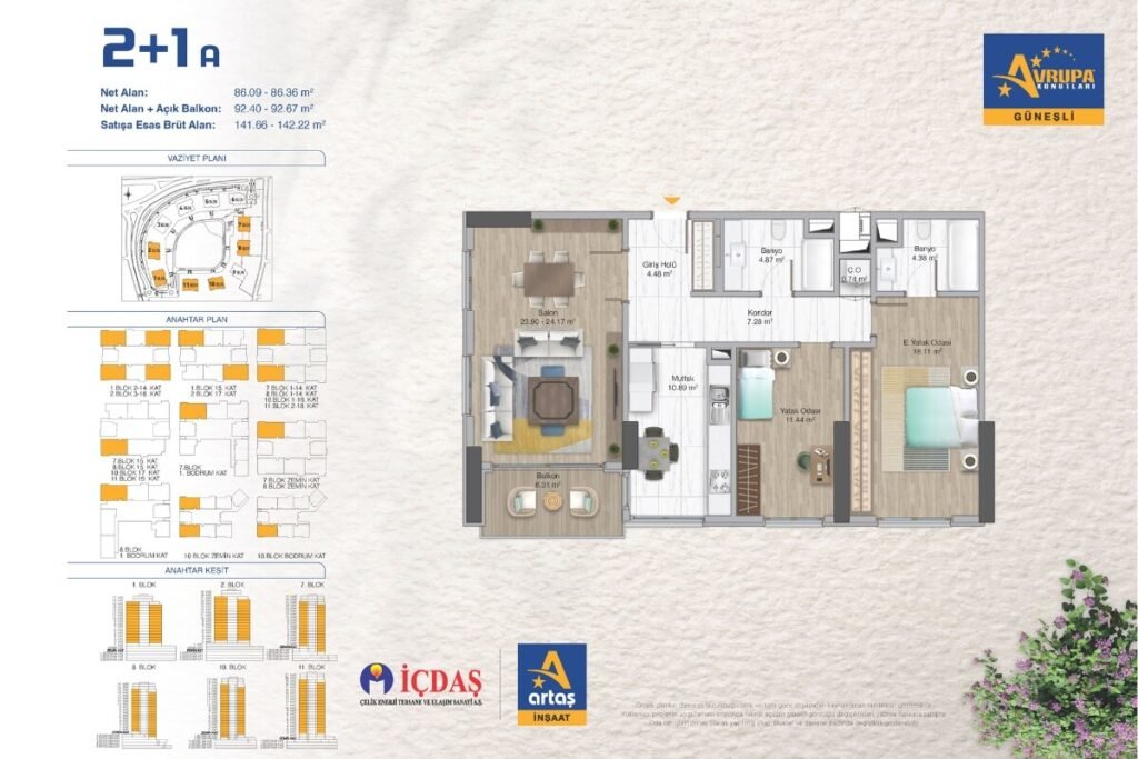 Avrupa Konutlari Gunesli Floor Plan 2+1