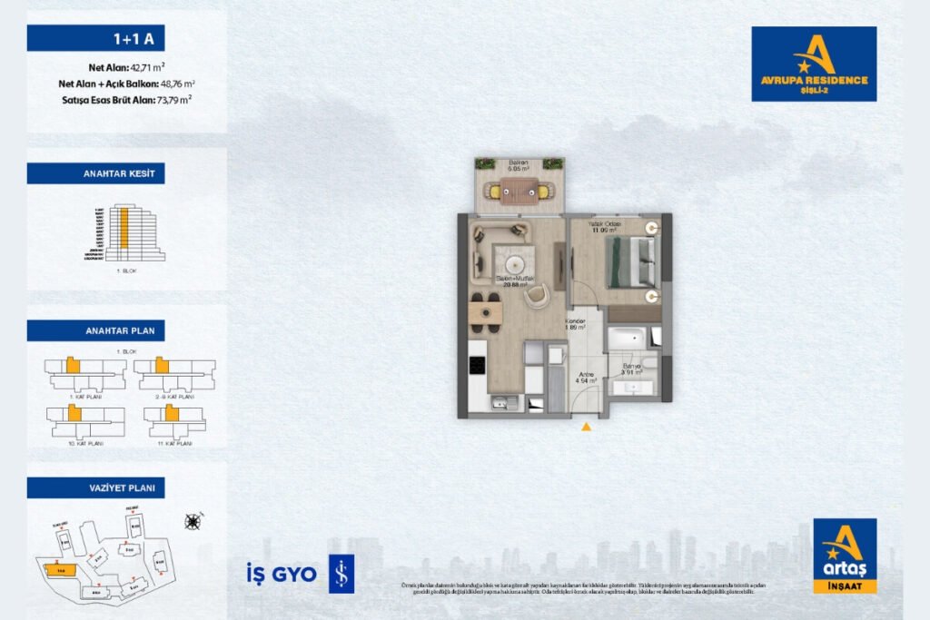 Avrupa Residence Sisli Floor Plan 1+1