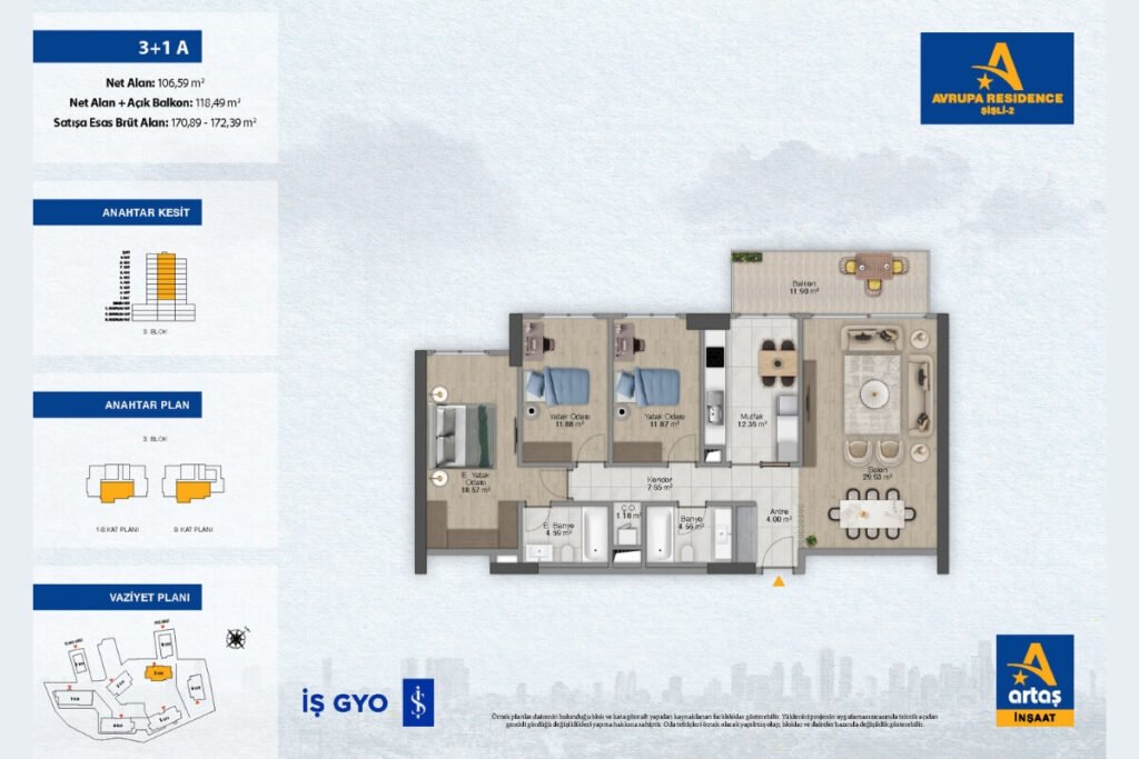 Avrupa Residence Sisli Floor Plan 3+1